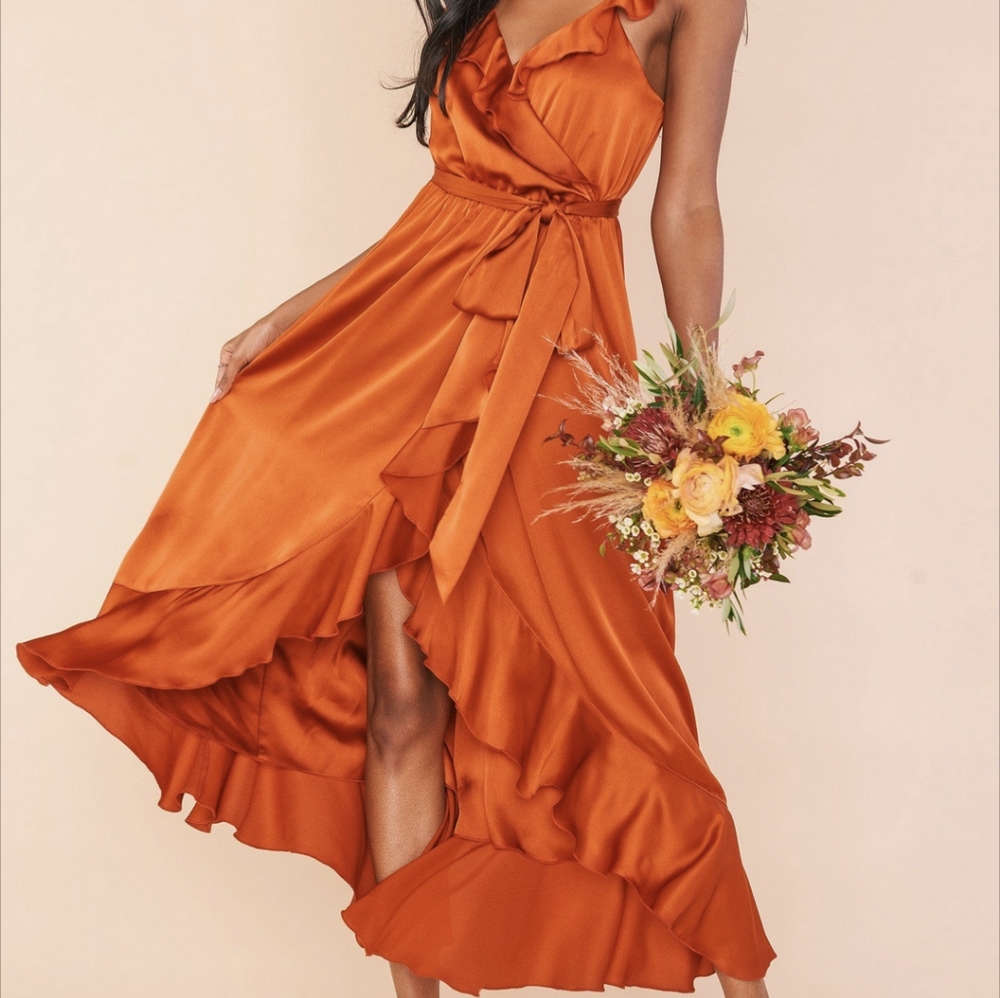NWT Luxe Satin Wrap Dress in Burnt Orange